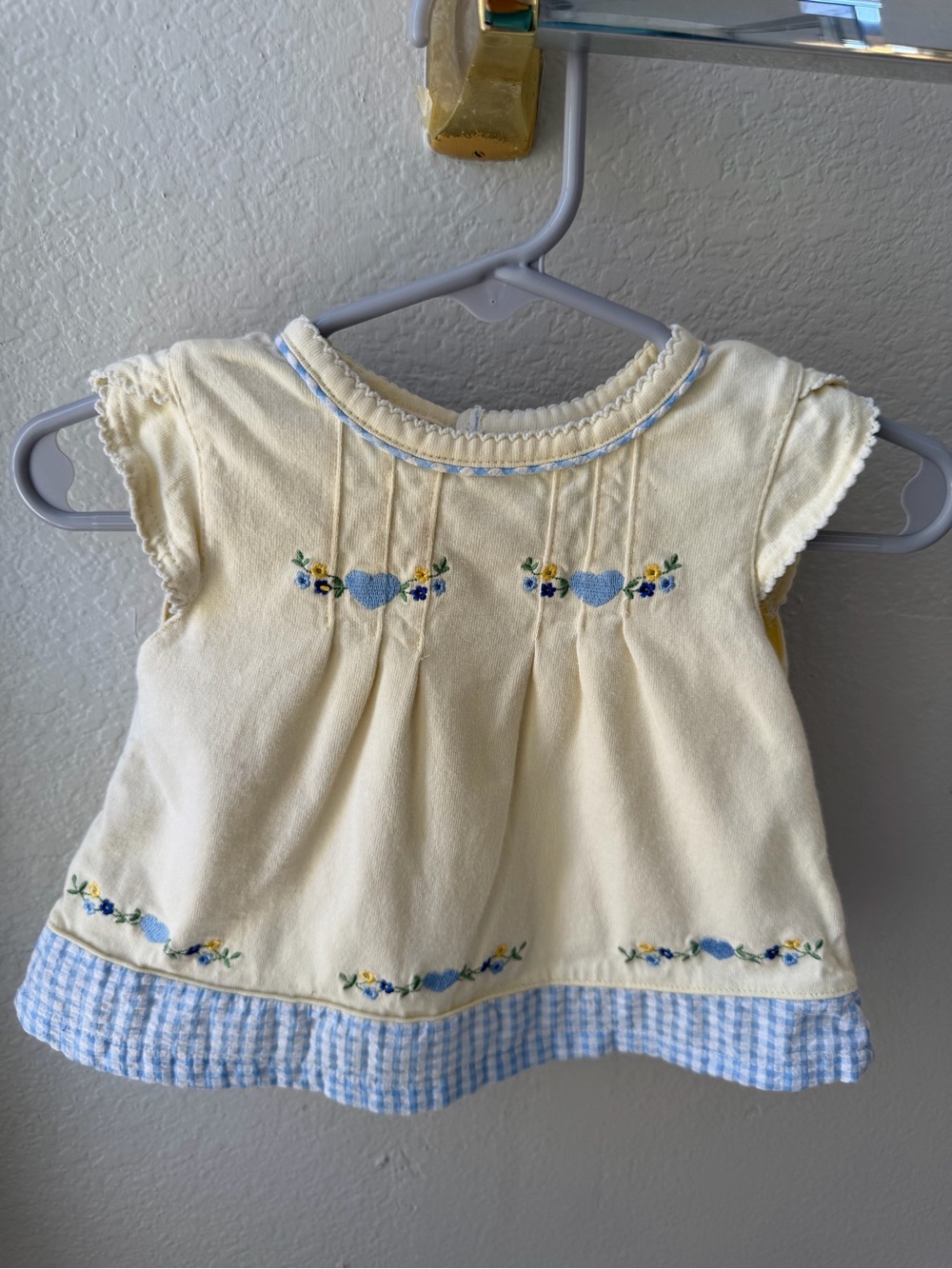 miniwear Cream Top with Blue Embroidered Hearts & Gingham Trim